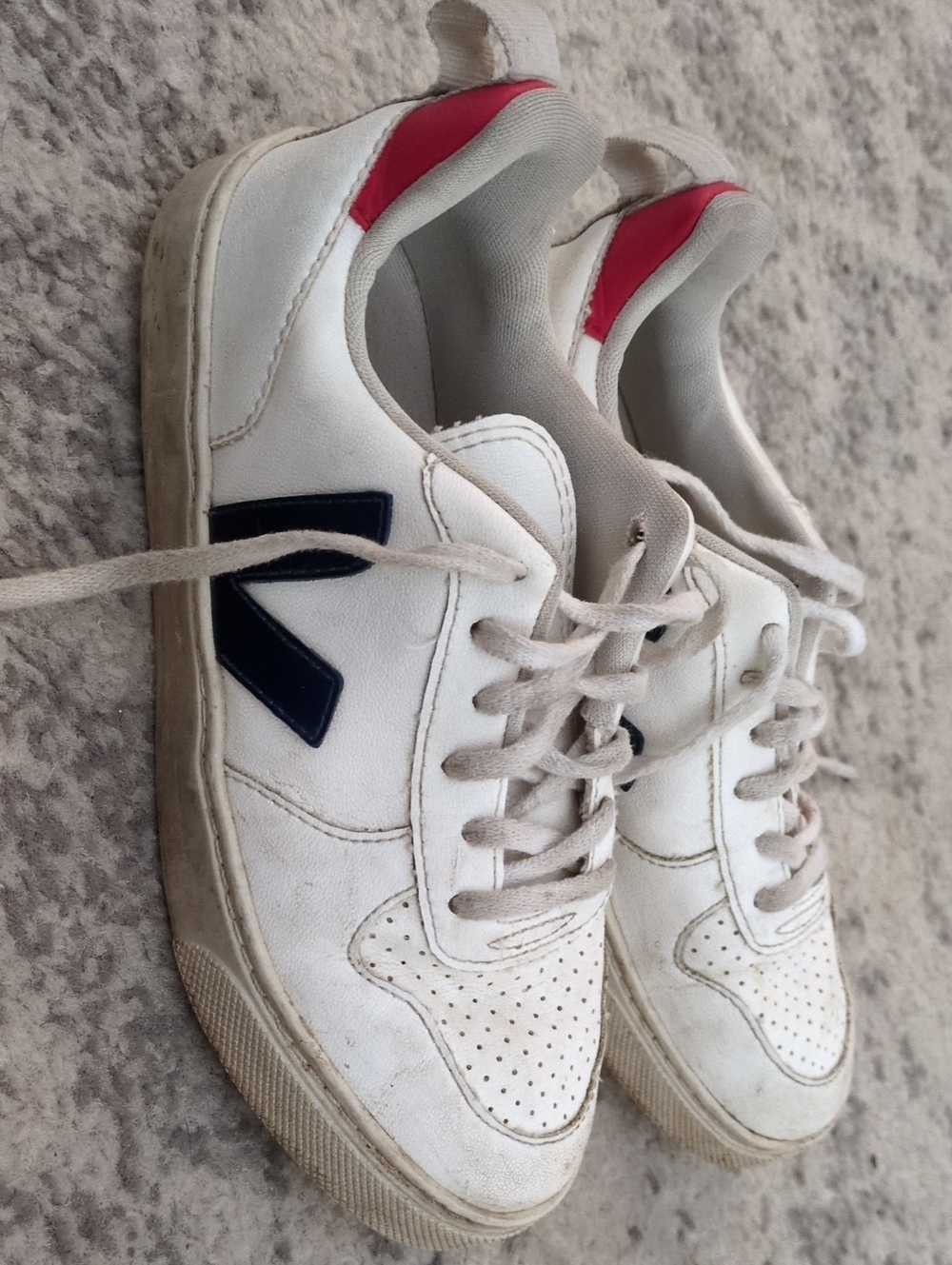 Veja Kids White Leather Sneakers with Navy V and Red Heel Tab